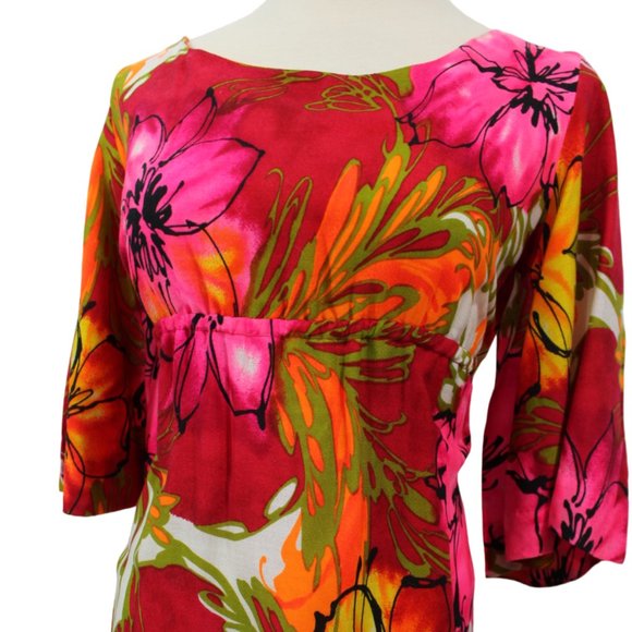 SOLD Vintage 1960s Red Pink Floral Hawaiian Maxi Dress Made in Hawaii - Picture 3 of 6